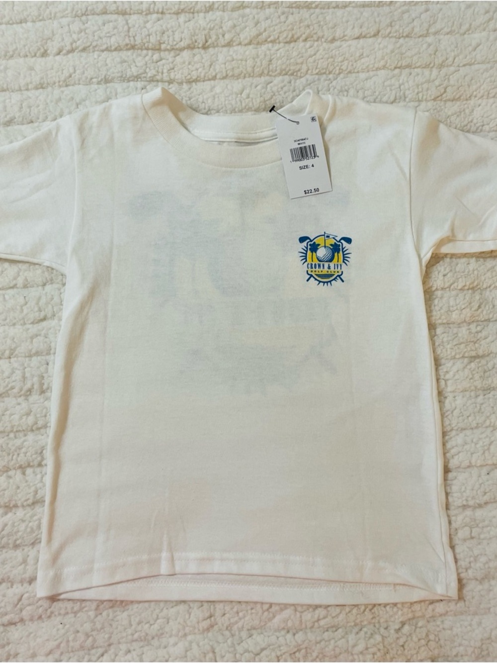 crown & ivy Cream Short Sleeve Tee with Blue and Yellow Chest Graphic